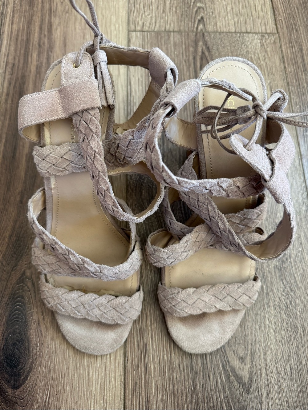 BCBGeneration Ledina Sandals, Braided Tie-Back Block Heel, Taupe - Picture 3 of 8